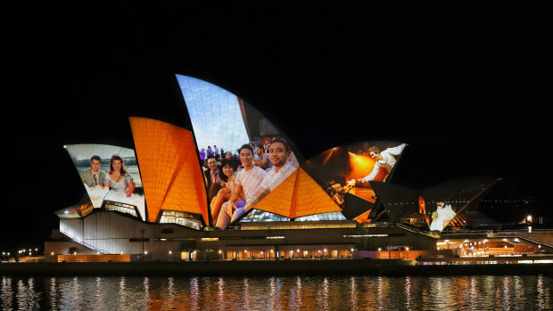 A preview of the Opera House’s illuminated sails, which will be lit up on Thursday night. 