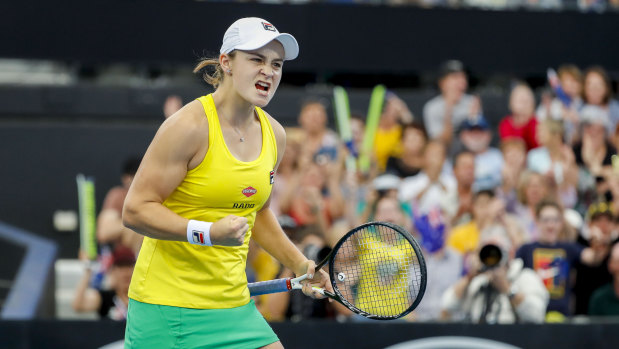 Ash Barty celebrates her second win of the tie.