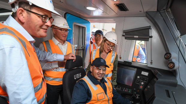 Premier Daniel Andrews and Public Transport Minister Jacinta Allan inspect a new high-capacity train. 
