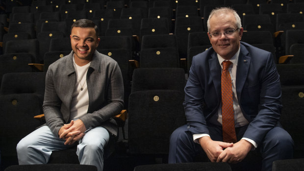 Prime Minister Scott Morrison with singer Guy Sebastian (left) at the announcement of a $250 million arts rescue package.