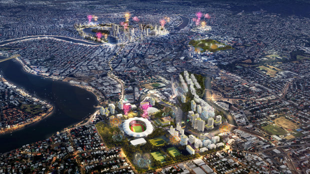 The proposed Brisbane Olympic Stadium at Albion with the proposed Olympic venues lit in the background.