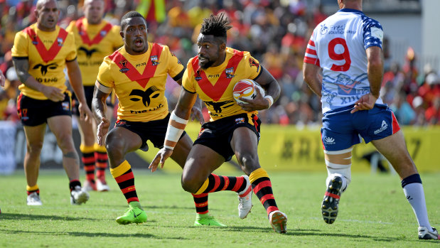 James Segeyaro playing for PNG during the 2017 World Cup.