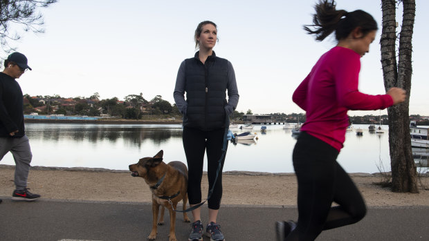 "Every time you have a bit of a run-in at least once or twice because people are on their phones": Shelley Casey with her dog Hugo at the Bay Run in Lilyfield.  