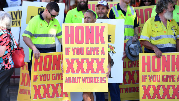 Workers from the XXXX Brewery protest outside the beer brewing facility in Brisbane on Thursday, April 26.