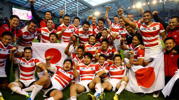 Start of something big: Japan celebrate victory over South Africa after the famous Miracle of Brighton in 2015.