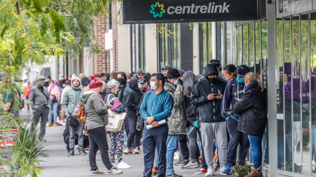 It is hoped massive spending by federal and state governments reduces lines outside Centrelink and keeps the jobless rate at less than 10 per cent.
