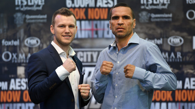 Fighting words: Jeff Horn and Anthony Mundine at the pre-bout press conference.