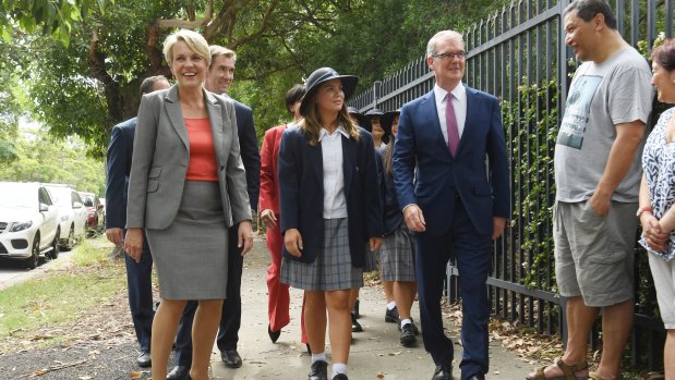 Federal Deputy Opposition Leader Tanya Plibersek joins NSW Opposition Leader Michael Daley on the campaign trail at Strathfield Girls High School on Thursday. 