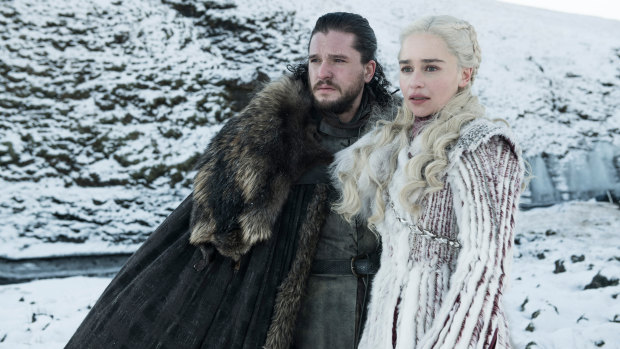 Kit Harington as Jon Snow, left, and Emilia Clarke as Daenerys Targaryen in a scene from Game of Thrones.