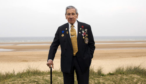 World War II veteran Charles Shay on Omaha Beach, Normandy, where he landed on D-Day, June 6, 1944.