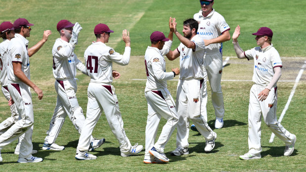 Michael Neser (centre) of the Bulls celebrates with team mates after getting the wicket of Tim Paine.