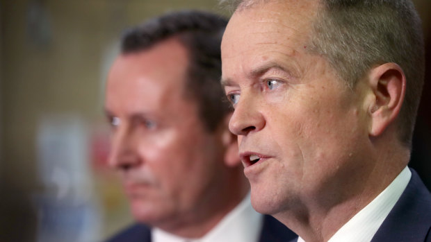Opposition Leader Bill Shorten outlines his promise to match the federal government's GST deal, with WA Premier Mark McGowan at South Metro Tafe Carlisle campus on Wednesday. 