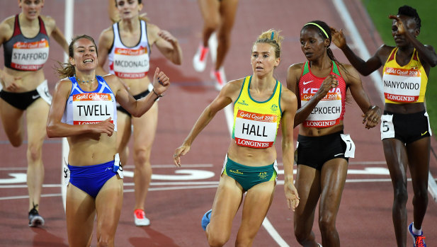 Linden Hall of Australia crosses the line in round one, heat two of the women's 1500m.