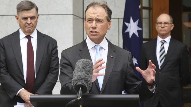 Health Department secretary Professor Brendan Murphy (left), Health Minister Greg Hunt and Chief Medical Officer Professor Paul Kelly  during a press conference on the COVID-19 vaccine road map last week. 