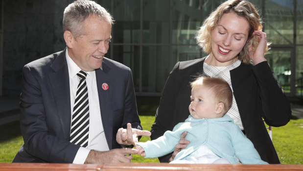 Labor leader Bill Shorten with the party's candidate for Canberra Alicia Payne and her son Paul.