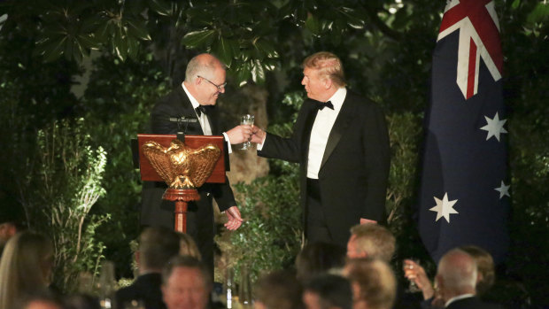 Donald Trump and Scott Morrison raise a glass at the state dinner in honour of the Prime Minister last weekend.