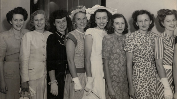 Eight of the first nine Qantas hostesses,  December 1947. Patricia Burke at far left. At far right, senior hostess Marjorie de Tracey. 