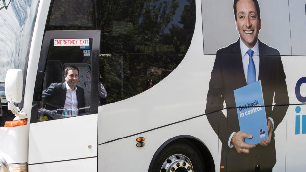 Matthew Guy on his new state election campaign bus. Seen here on the hustings in Heidelberg to Kilmore and Romsey.