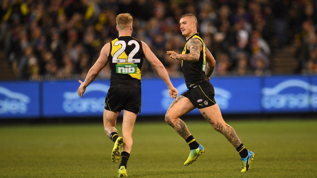 Dustin Martin celebrates a goal against Adelaide.