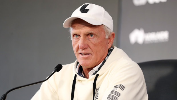 Greg Norman talks to the media before the LIV Golf event in Adelaide.