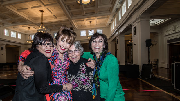 Kathy Lette (second left) at Old Parliament House on Friday with her sisters Elizabeth and Carolyn and mum Val.
