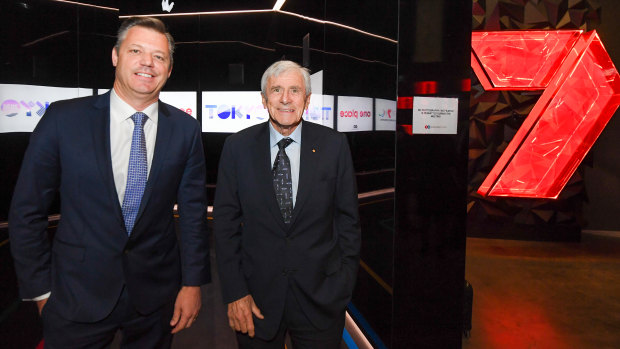 Seven West Media CEO James Warburton and chairman Kerry Stokes deal with earnings headwinds.