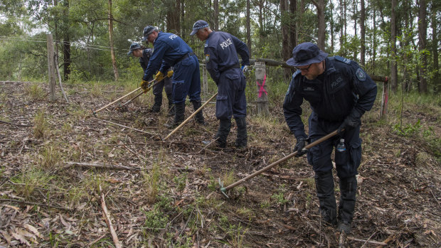 Police forming a search line during a forensic search in  bushland near Kendall.
