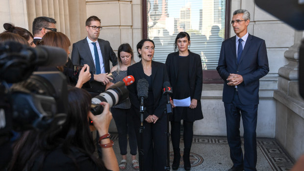 Tamar Hopkins speaks outside State Parliament on Wednesday.