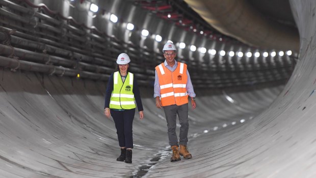 Tunnel vision...NSW Premier Gladys Berejiklian and transport minister Andrew Constance at the Marrickville dive site for the Sydney Metro. 
