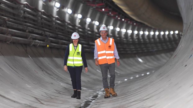 Tunnel vision...NSW Premier Gladys Berejiklian and transport minister Andrew Constance at the Marrickville dive site for the Sydney Metro. 