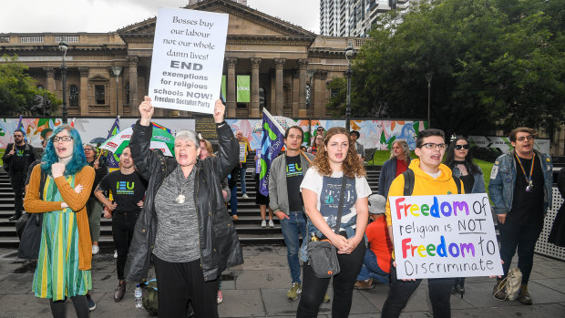 Protesters at the "No exemptions from equality" rally called for an end to discrimination against LGBTI teachers. 