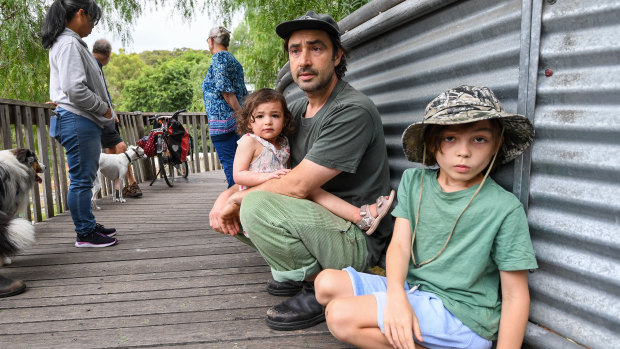 Gardener Paul Garvey with his children Scout Garvey, 8, and River Garvey, 2.