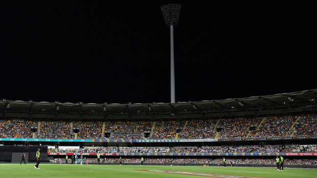 The lights on the grandstand at the Stanley Street end of the Gabba were out on Thursday night.