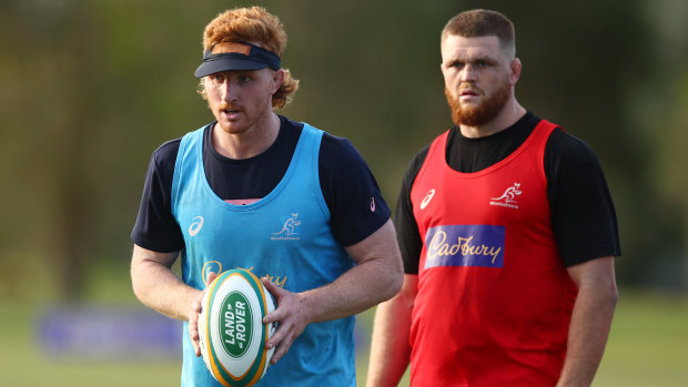 Brad Wilkin (left) and Lachie Swinton (right) at Wallabies camp last month. 