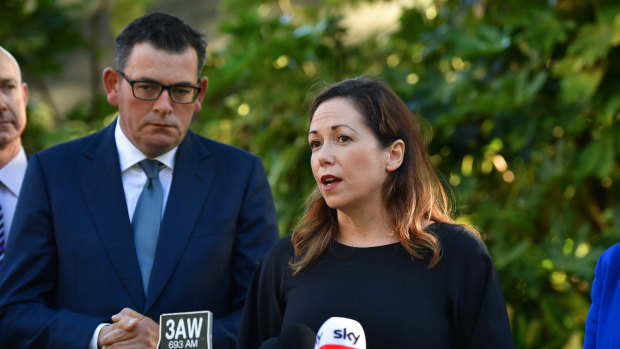 Resources Minister Jaclyn Symes announcing the government will lift its moratorium on conventional onshore gas alongside Premier Daniel Andrews. 
