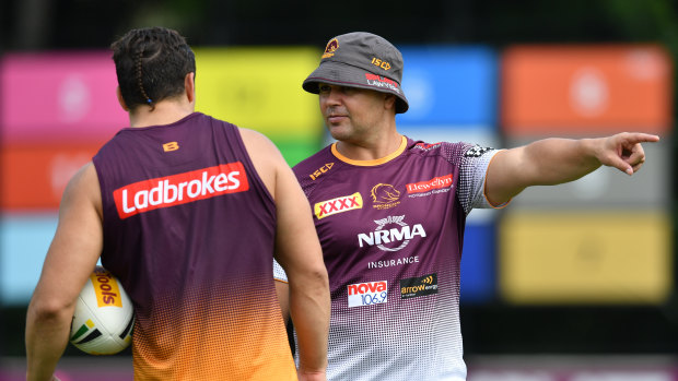 Broncos coach Anthony Seibold (right) is seen with James Roberts (left) during Brisbane Broncos training.