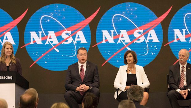 From right, Jeff Dewit, NASA's Chief Financial Officer; Robyn Gatens, NASA's Deputy Director of the International Space Station; Bill Gerstenmaier, NASA's associate administrator for the Human Exploration and Operations Mission, and Stephanie L. Schierholz Public Affairs Officer/Human Exploration and Operations.