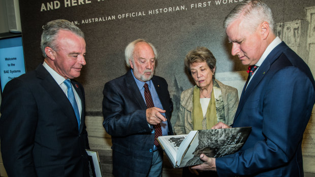 From left: Australian War Memorial director Dr Brendan Nelson, AWM historian and editor of the book Peter Burness, Charles Bean's granddaughter Anne Carroll and Deputy Prime Minister of Australia Michael McCormack.