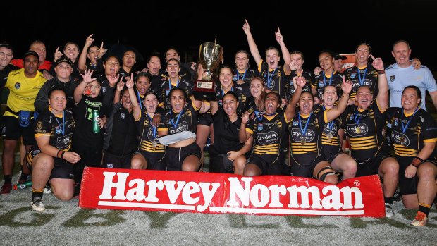 Mounties celebrate their historic 1-0 win over the Bulldogs in the Harvey Norman NSW women’s premiership grand final.