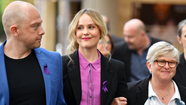 Actress Eryn-Jean Norvill (centre) leaves the Supreme Court in Sydney on Thursday.