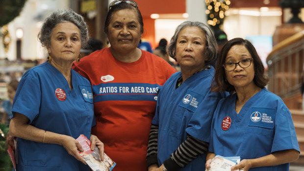 Nurses like Holly Rebeiro, Agaimalo Asalemo, Amy Alegria and Jocelyn Hofman are campaigning for aged care ratios. 
