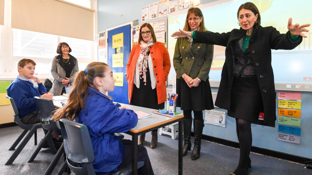 NSW Premier Gladys Berejiklian (right), Member for East Hills Wendy Lindsay (middle) and Education Minister Sarah Mitchell at Panania Public School south-west of Sydney.