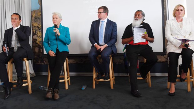 The five main candidates in Saturday's byelection at Monday's debate.  From left Dave Sharma (Liberals) Kerryn Phelps (independent), Tim Murray (Labor), Dominic Wy Kanak (Greens), Licia Heath (independent).
