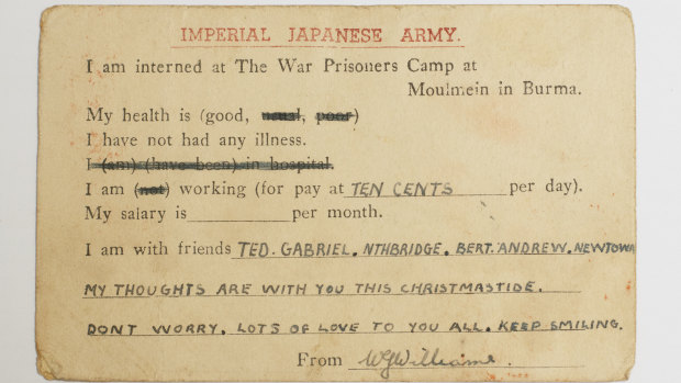 Christmas message sent home by Wal Williams courtesy of the Japanese Imperial Army.