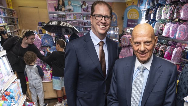 Premier Investments chairman Solomon Lew (R) and retail boss Richard Murray in a Smiggle store. 