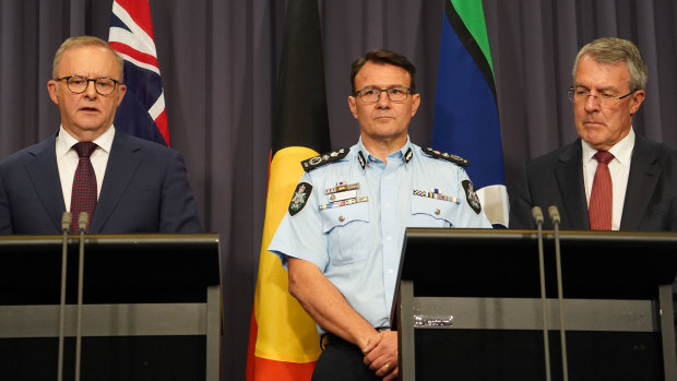 Prime Minister Anthony Albanese, Australian Federal Police Commissio<em></em>ner Reece Kershaw and Attorney-General Mark Dreyfus announce the antisemitism task force on Monday.