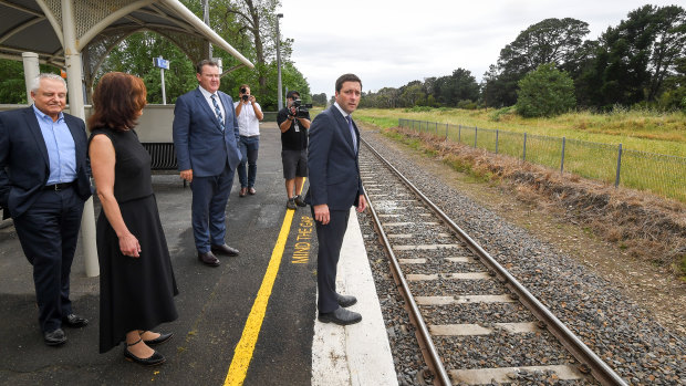 Mind the gap: Matthew Guy at Baxter Station on the campaign trail. 