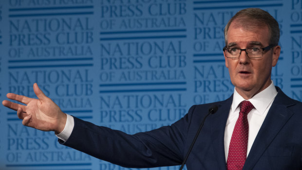 Labor leader Michael Daley spoke at the National Press Club's makeshift Sydney venue yesterday.