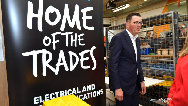 Premier Daniel Andrews spruiking Labor's commitment to the Victorian TAFE system in May. 