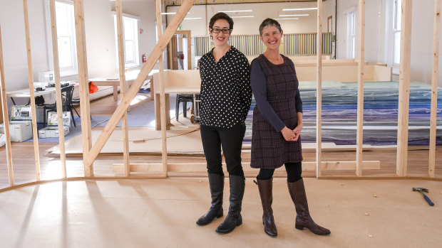 Polyglot Theatre artistic director Sue Giles, right, and executive director Viv Rosman, at their soon-to-be new office at Abbotsford Convent.